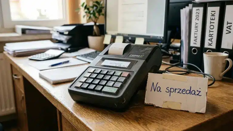 Używana kasa fiskalna z karteczką Na sprzedaż na biurku