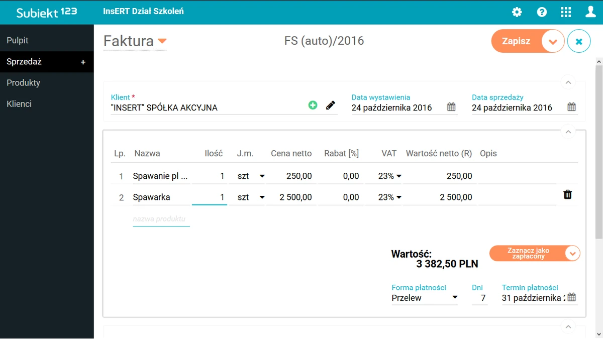 subiekt 123 faktura Wystawianie faktury w programie