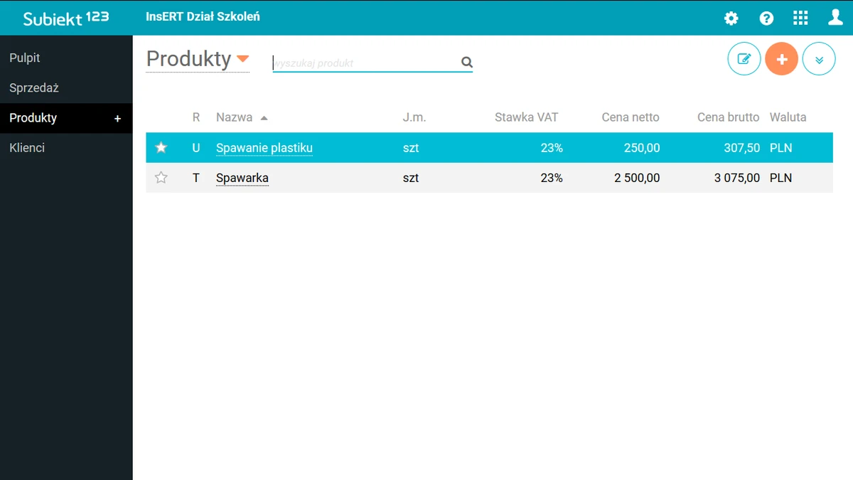 subiekt 123 produkty Lista produktów i usług