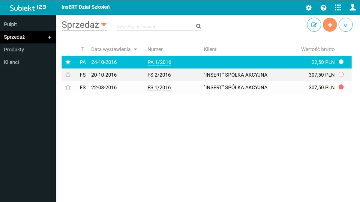 subiekt 123 sprzedaz Lista dokumentów sprzedaży