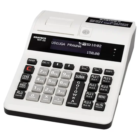 WP-25 Plus biało-czarny 1 Biała kasa fiskalna WP-25 Plus - widok z lewej