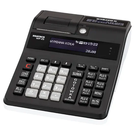 WP-25 Plus czarno-biały 1 Czarna kasa fiskalna WP-25 Plus - widok z lewej